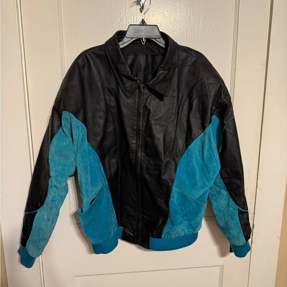 CODE ZERO 'High Intensity' Blue & Black Leather Bomber Jacket